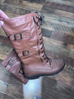 groove Cognac Lace-Up Mid-Calf Buckle Combat Boots